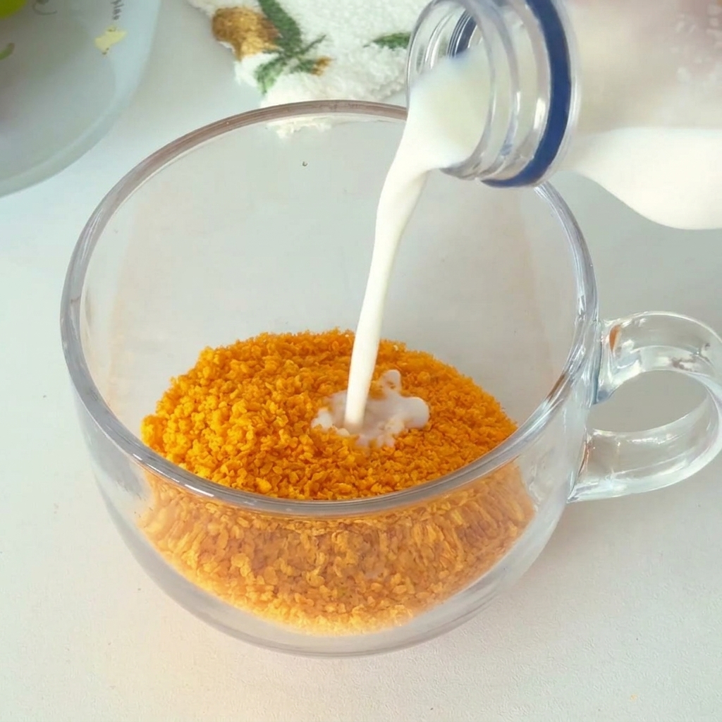 Eine Nahaufnahme, wie Milch in einem Glasgefäß über Semmelbrösel gegossen wird, bereit zum Vermengen.