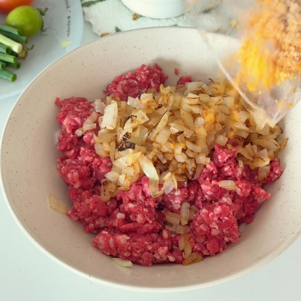 Die feuchte Semmelbrösel-Mischung wird in die Schüssel mit dem Fleisch und den Zwiebeln gegeben.