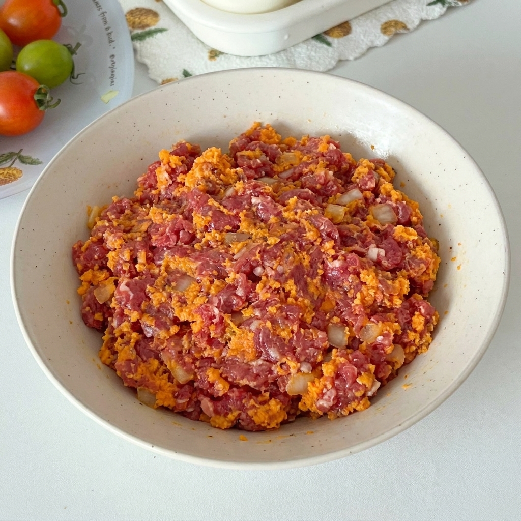 Eine Schüssel mit Hackfleisch, gegarten Zwiebeln und Semmelbröseln wird von einer behandschuhten Hand vermengt.