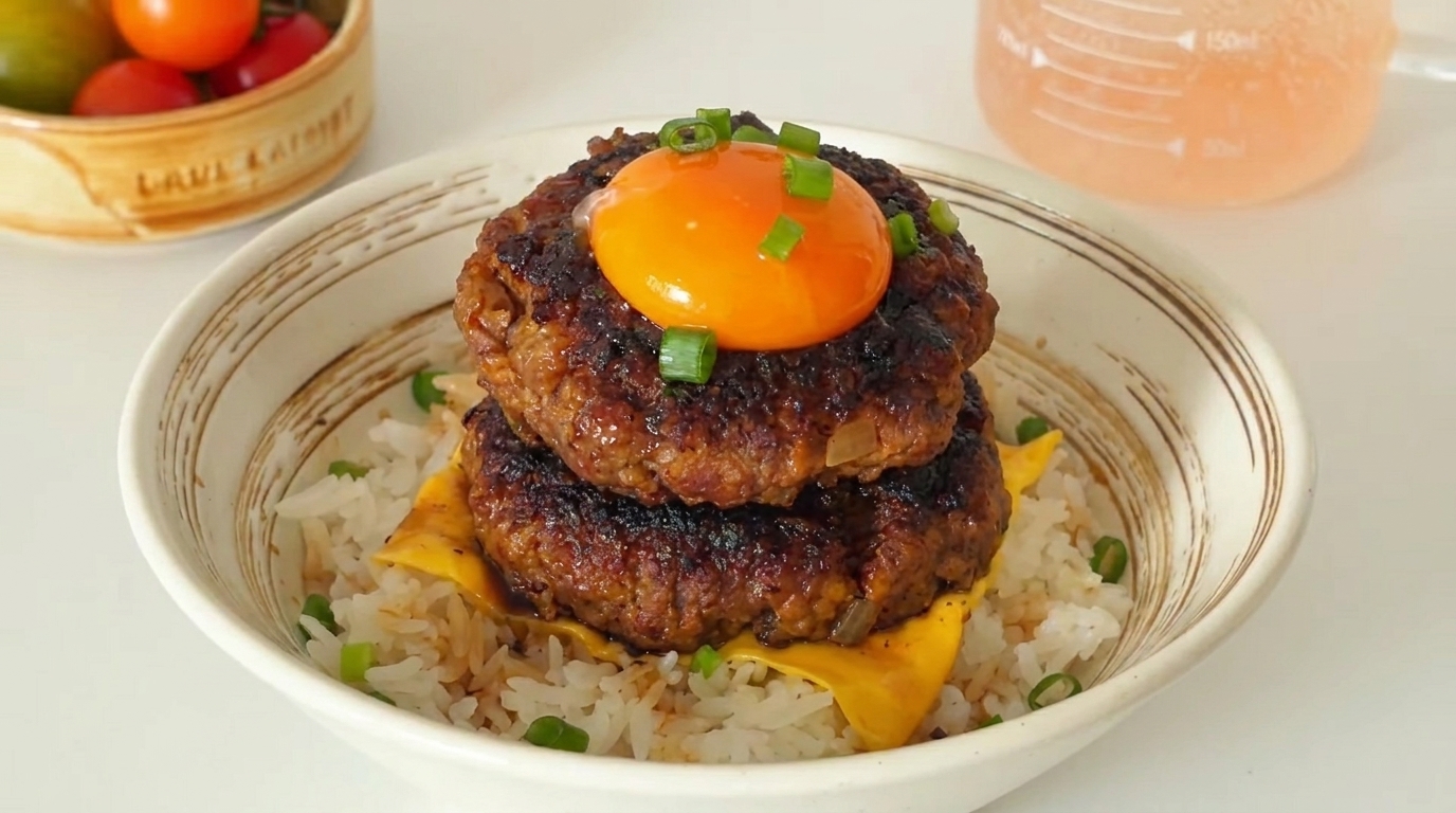 Japanische Cheeseburger Reis-Bowl (Loco Moco)