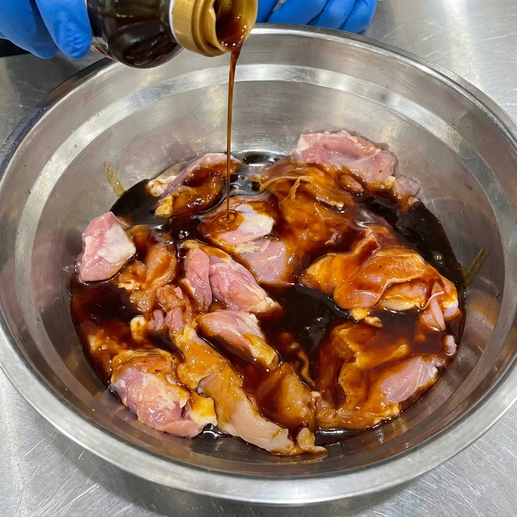 Rohe, entbeinte Hähnchenschenkel in einer Metallschüssel, die mit dunkler japanischer Teriyaki-Soße bestrichen werden.