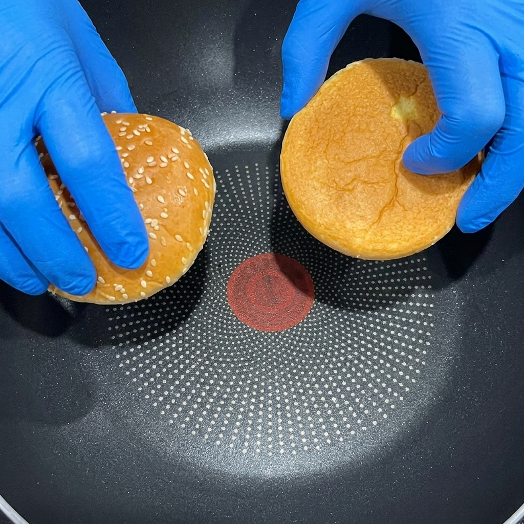 Brioche-Burgerbrötchen, die in einer Pfanne getoastet werden.