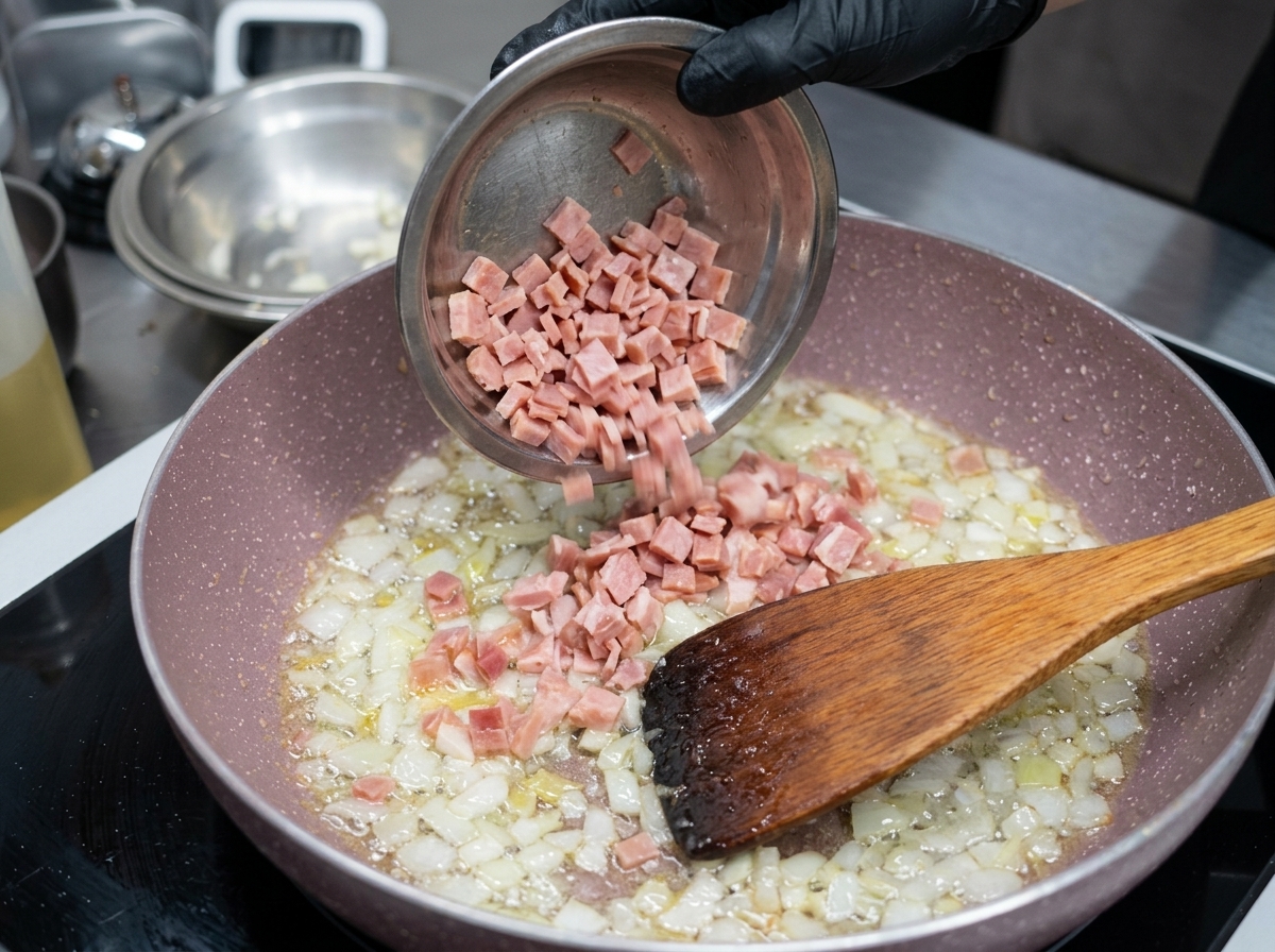 Kleine Speckstücke werden unter die Zwiebel-Knoblauch-Mischung gerührt.