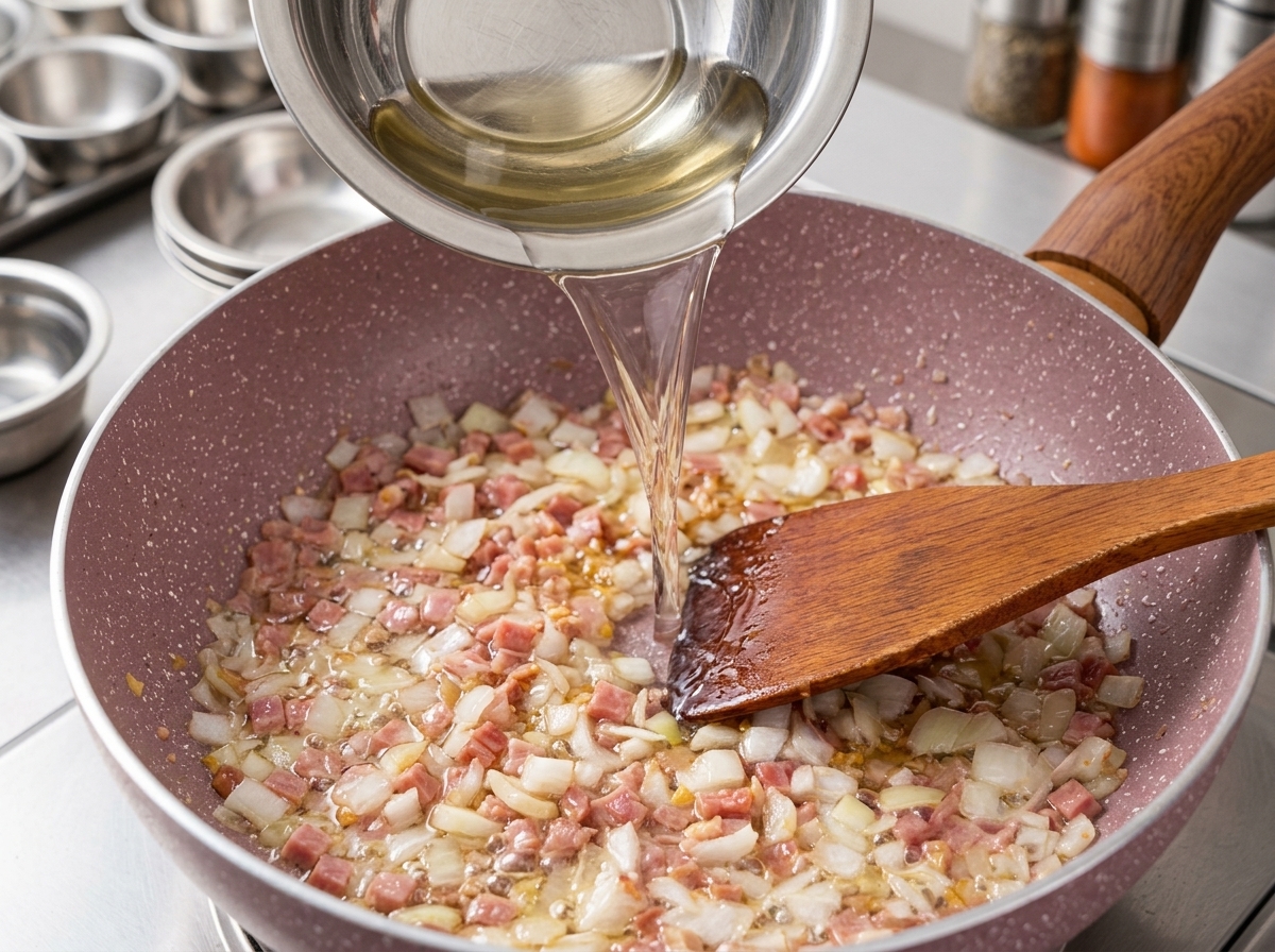 Klare Flüssigkeit wird aus einer kleinen Metallschüssel in die Pfanne mit dem Speck und den Zwiebeln gegossen.