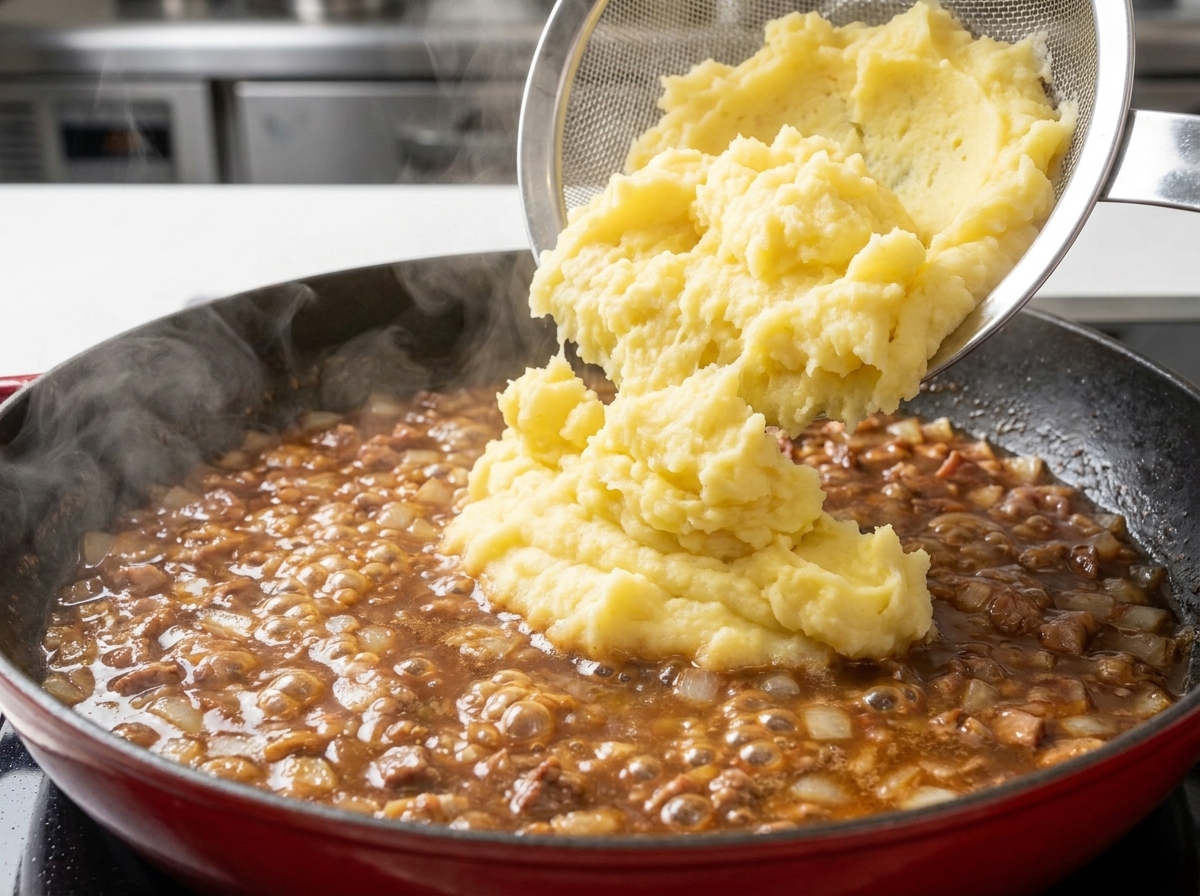 Eine große Portion glatter Kartoffelbrei wird in die köchelnde Saucenbasis gegeben.