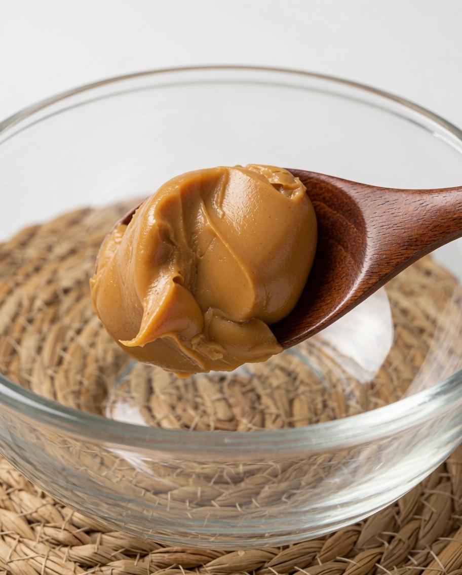 Ein Holzlöffel hebt eine große Portion cremige Erdnussbutter in eine saubere Glasschüssel.
