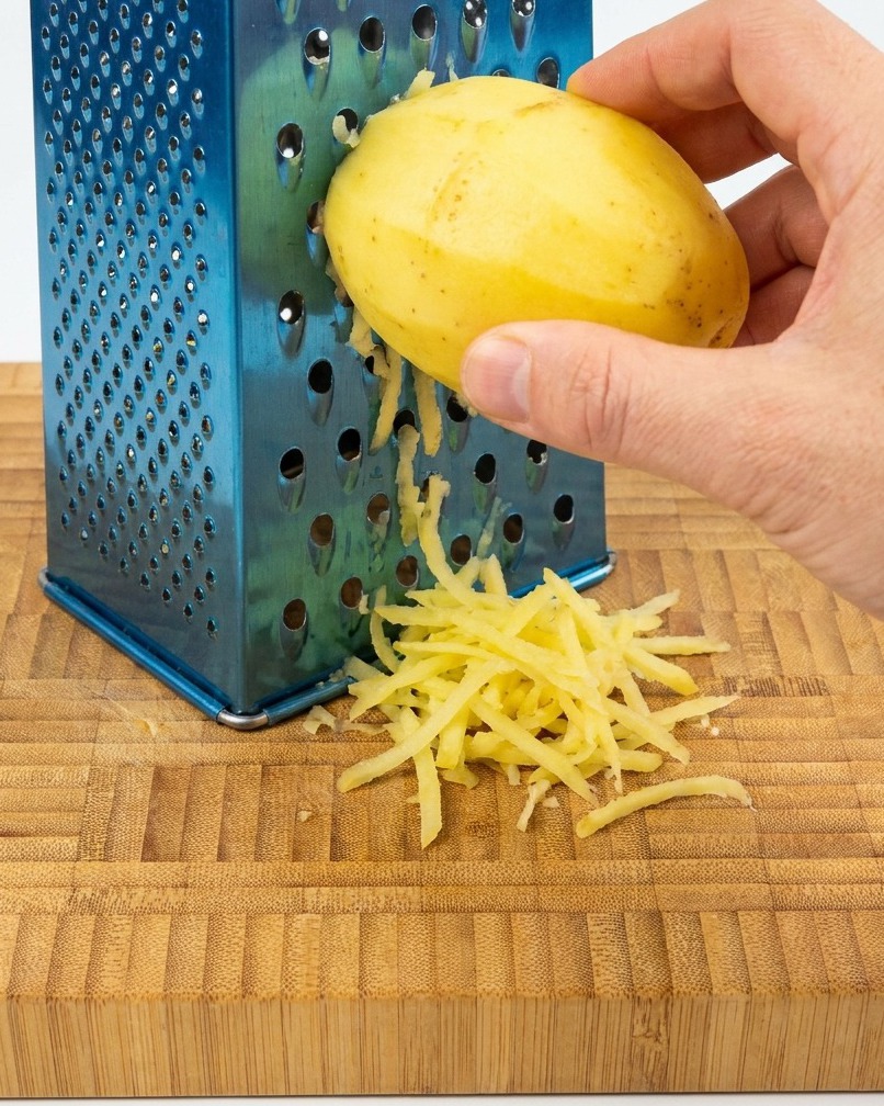 Fein geraspelte Kartoffelstücke auf einem Holzbrett neben einer blauen Handreibe.