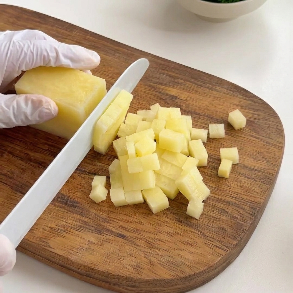 Kleine, gleichmäßig gewürfelte Kartoffelstücke auf einem Holzbrett.