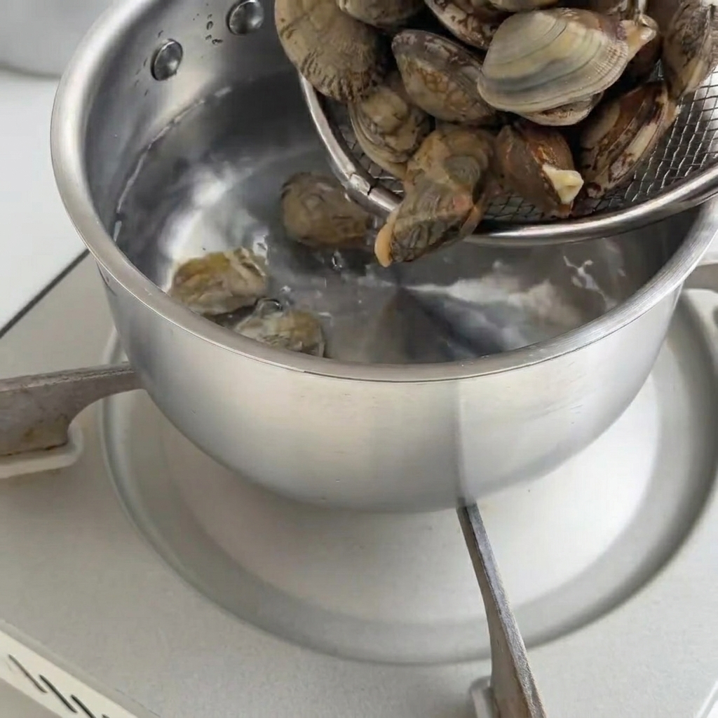 Frische Muscheln in einem Topf mit kochendem Wasser, bis sie sich öffnen.