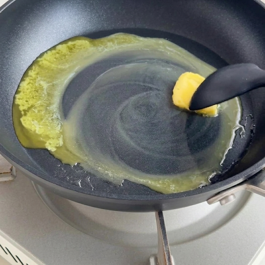 Butter, die in einer Pfanne schmilzt und mit Mehl zu einer glatten Roux verrührt wird.