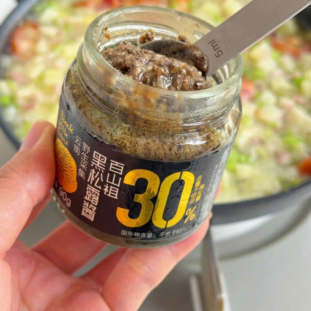 Ein Löffel dunkle schwarze Trüffelsauce wird unter das angebratene Gemüse gemischt.