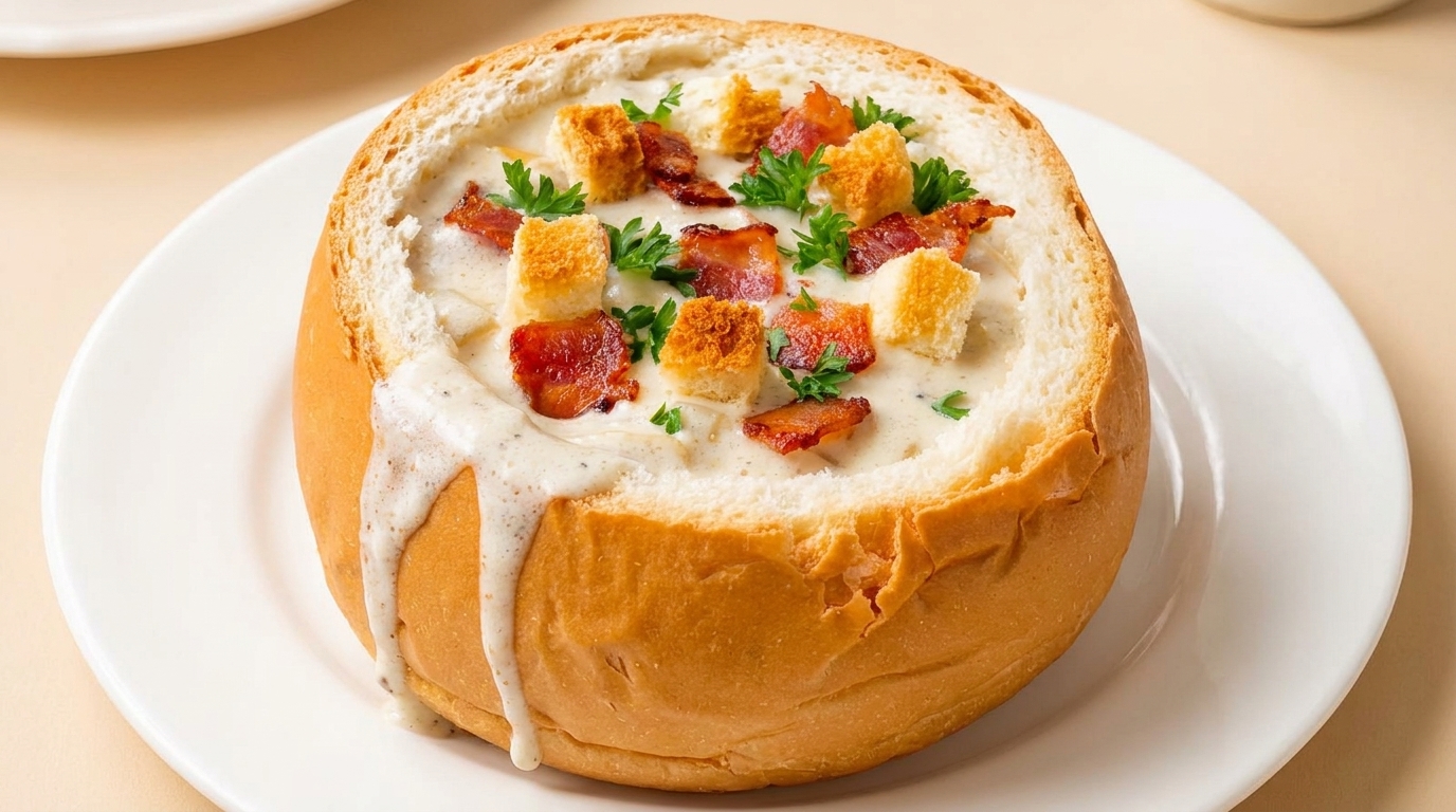 Amerikanische Muschelsuppe mit schwarzem Trüffel im Brotlaib