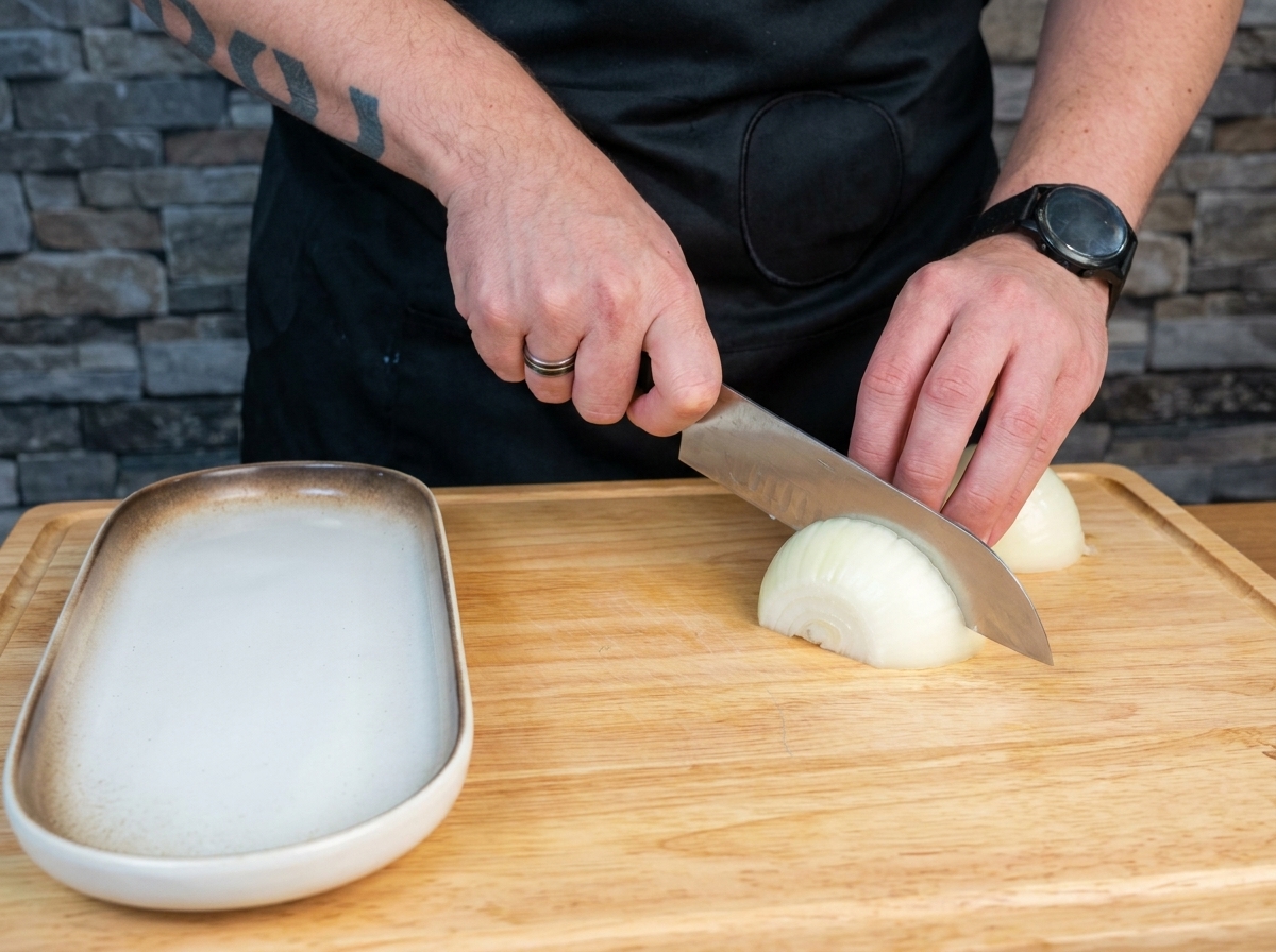 Zwiebeln, Sellerie, Karotten, Knoblauch und Kartoffeln sauber gewürfelt auf einem Holzschneidebrett.