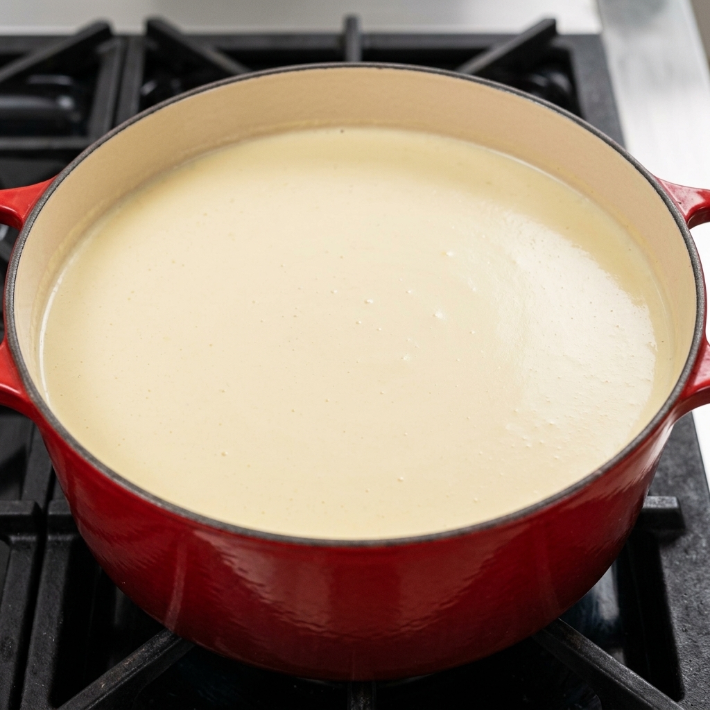 Leuchtend grüner Schnittlauch wird in eine cremige, helle Muschelsuppe in einem Topf gerührt.