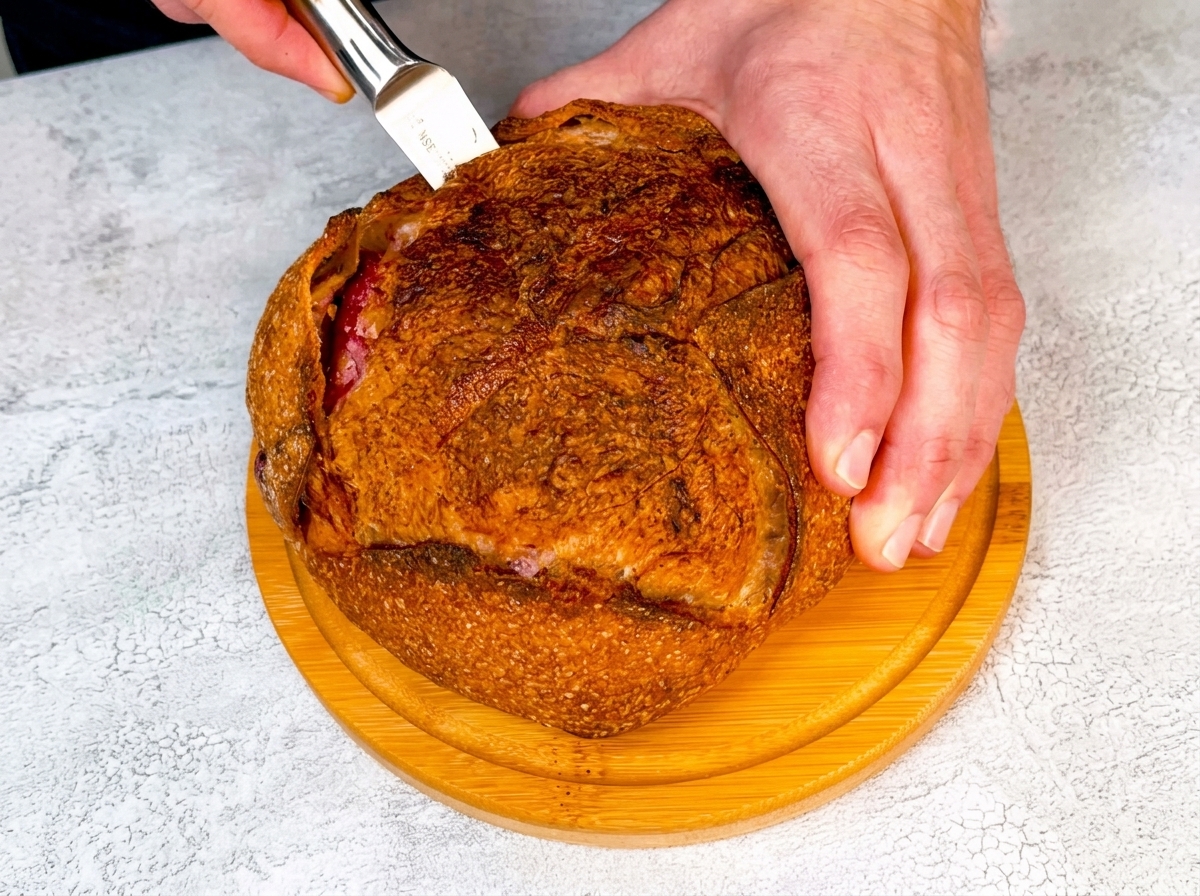 Ein runder Laib Brot, bei dem der Deckel entfernt wurde, um das Innere zum Befüllen freizulegen.