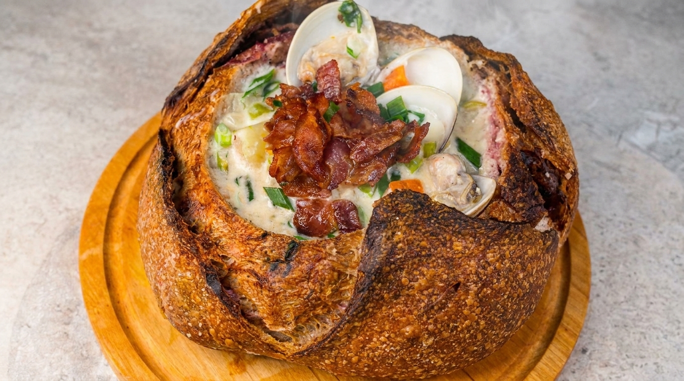 Klassische New England Clam Chowder im Brotlaib