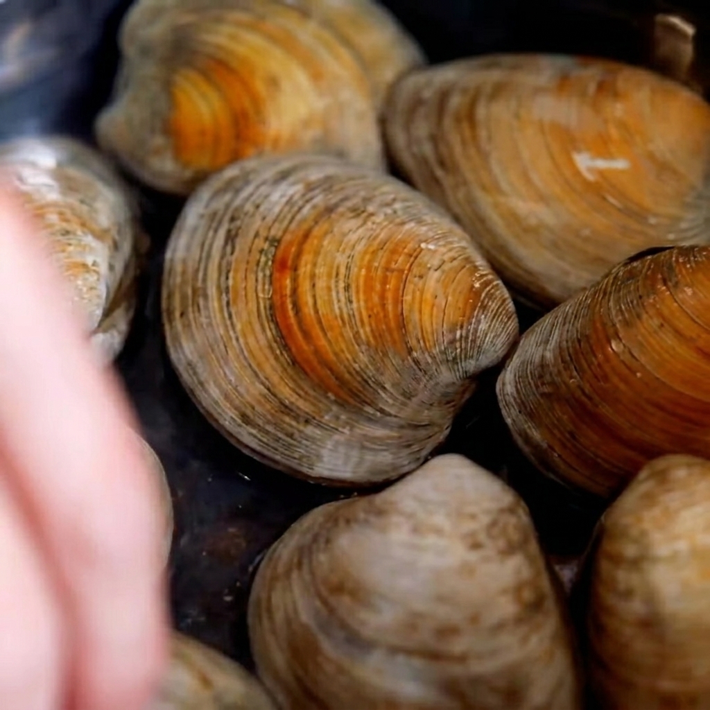 Frische Muscheln garen in einem Topf mit heißem Wasser und beginnen sich zu öffnen.