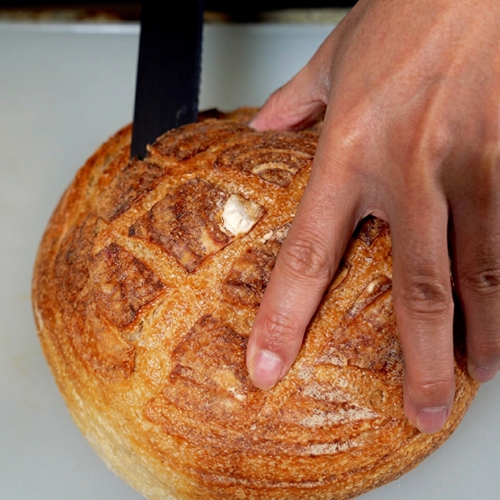 Ein ausgehöhlter Sauerteig-Brotlaib, bereit zum Befüllen mit heißer Clam Chowder.
