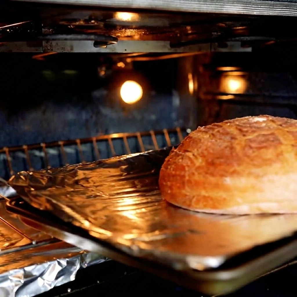 Sauerteig-Brotlaib im Ofen, wird knusprig gebacken.