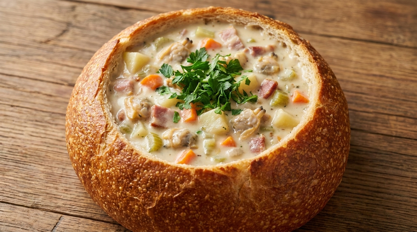 Klassische Clam Chowder im Sauerteig-Brotlaib