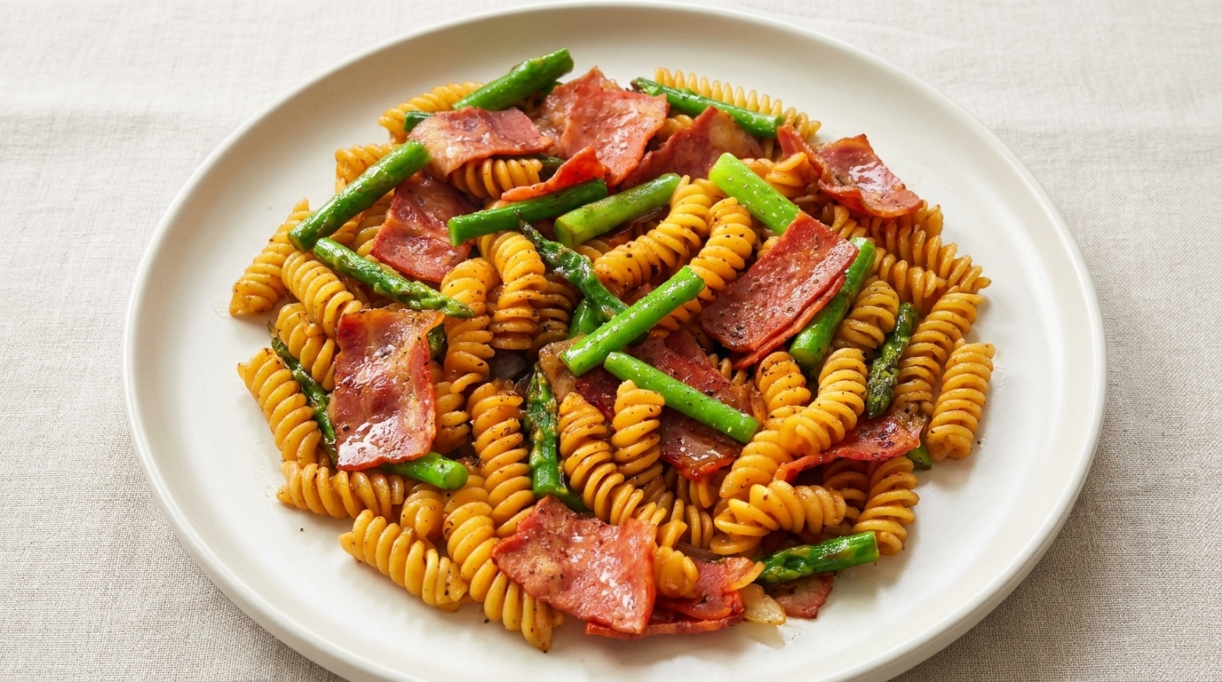 Fusilli mit Speck, Spargel und schwarzem Trüffel