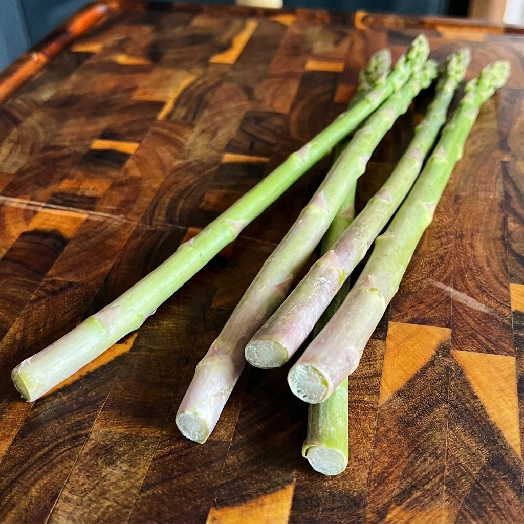 Frische grüne Spargelstangen auf einem Holzschneidebrett.