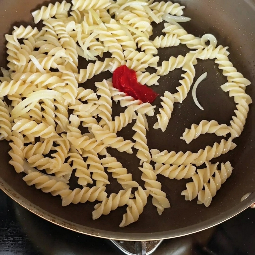 Pasta in einer Pfanne, die mit Tomatenmark und Sojasauce gewürzt wird.