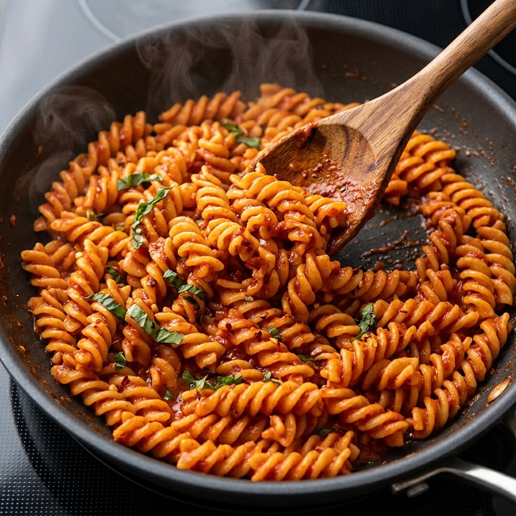 Eine Pfanne mit Pasta, die kontrolliert flambiert wird, was dem Gericht eine rauchige Note verleiht.