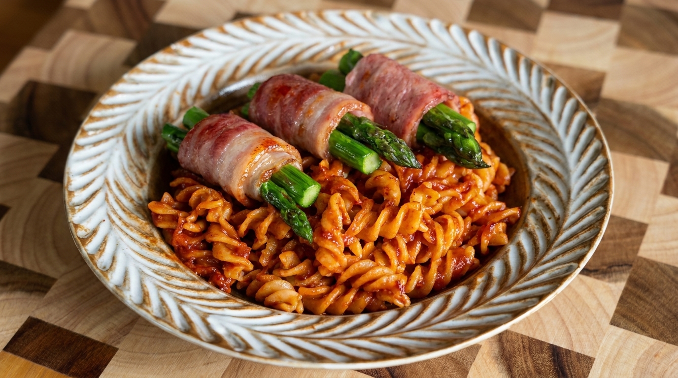 Spargel-Speck-Röllchen mit Spiralnudeln