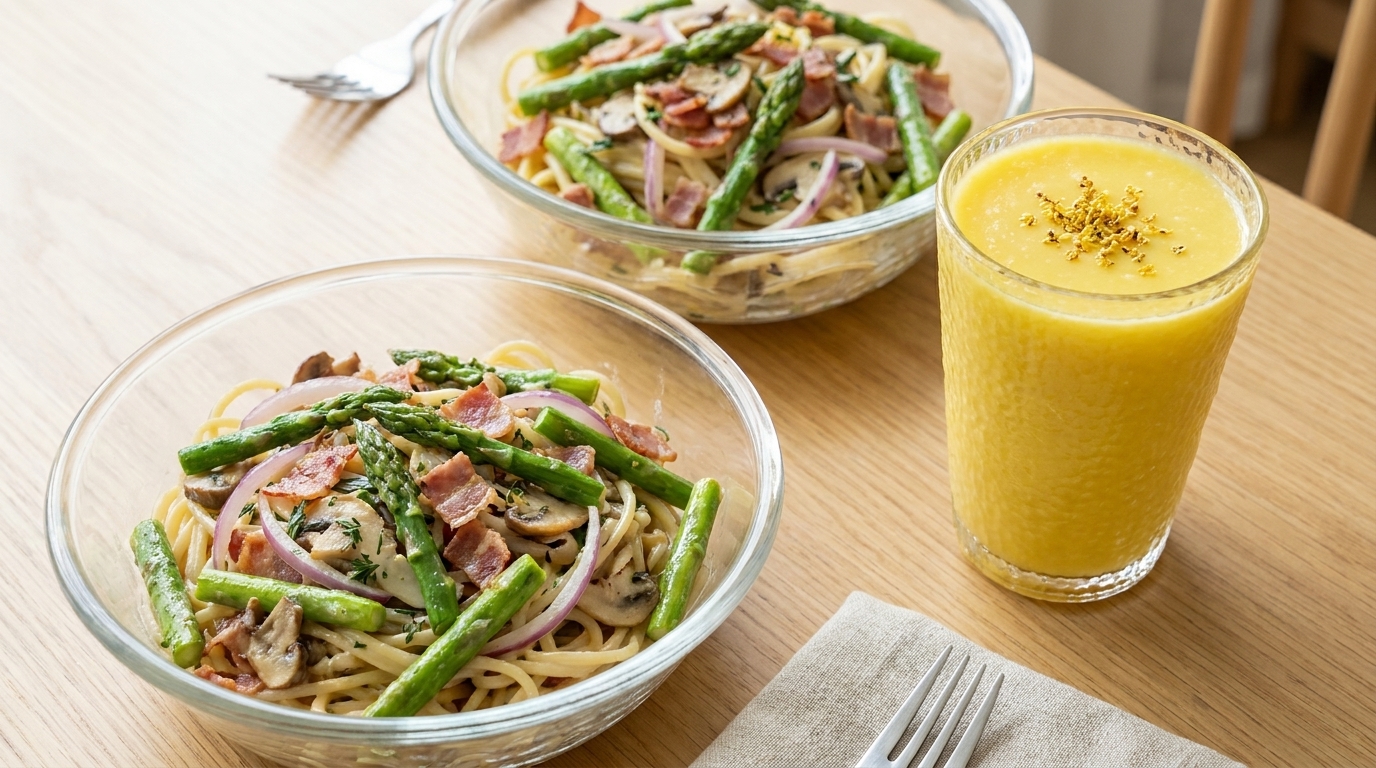 Cremige Spargel-Speck-Pasta mit frischem Maissaft