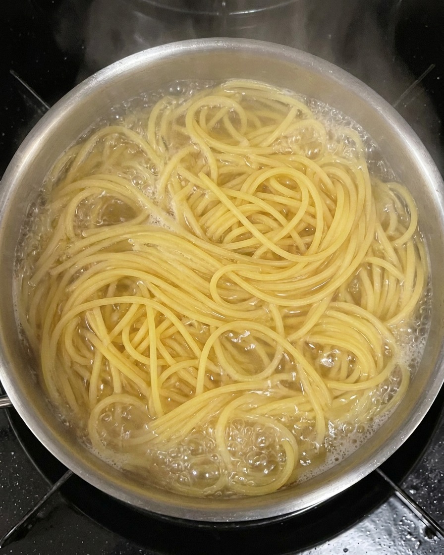 Eine Handvoll trockene Spaghetti-Nudeln wird in einen großen Topf mit kochendem Wasser gegeben.