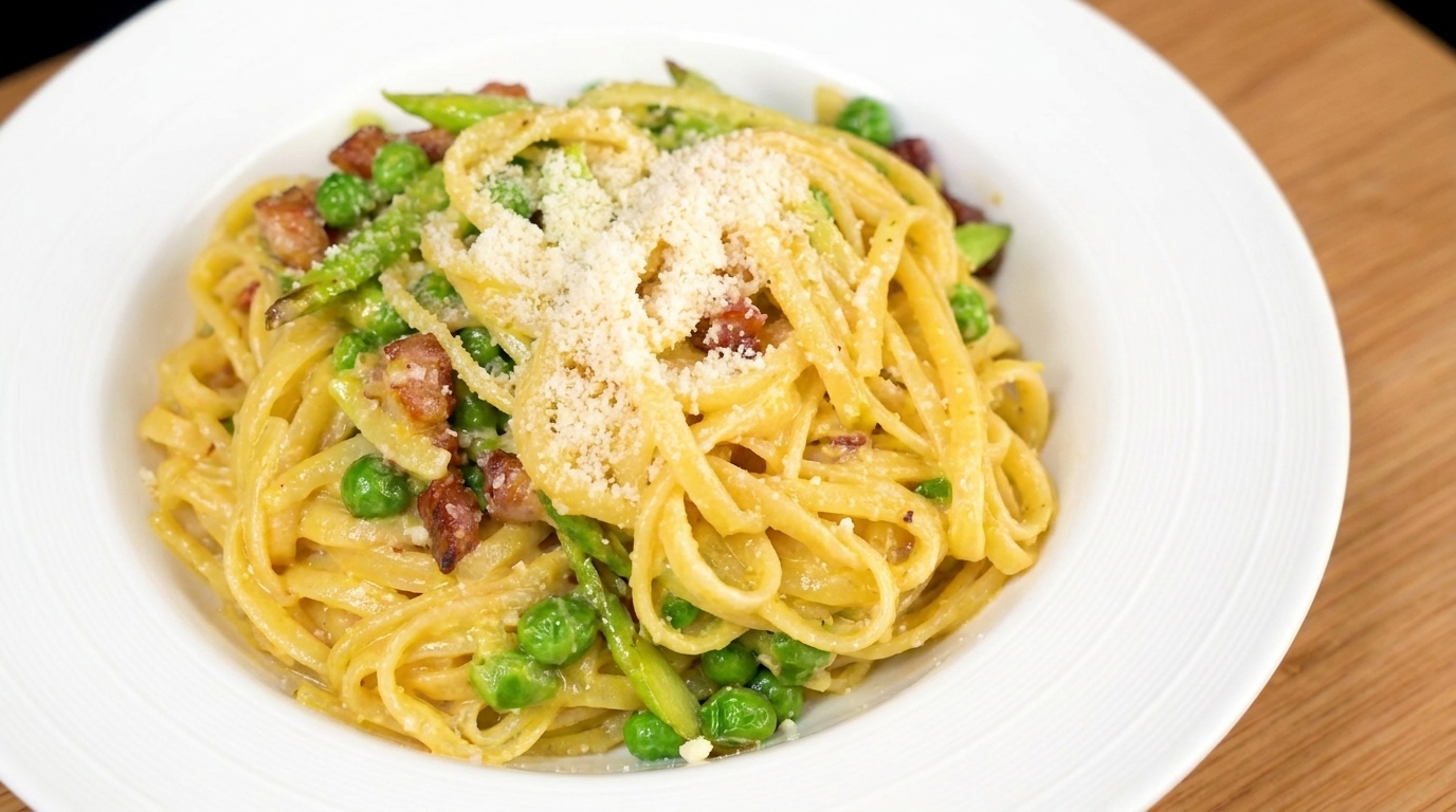 Cremige Spargel-Erbsen-Pasta mit knusprigem Speck