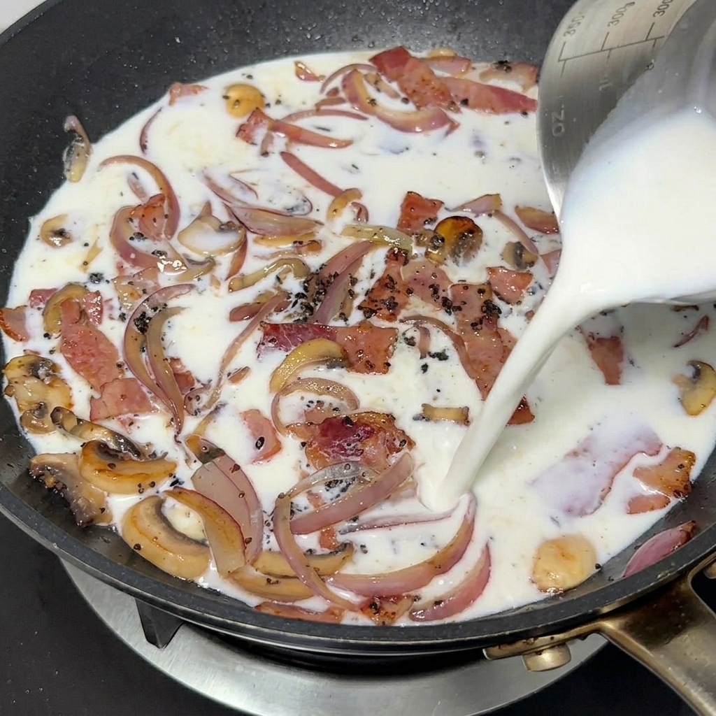 Milch wird aus einem Messbecher in eine Pfanne mit gebratenem Speck, Zwiebeln und Pilzen gegossen.