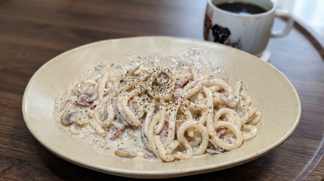 Cremige Speck-Udon-Nudeln