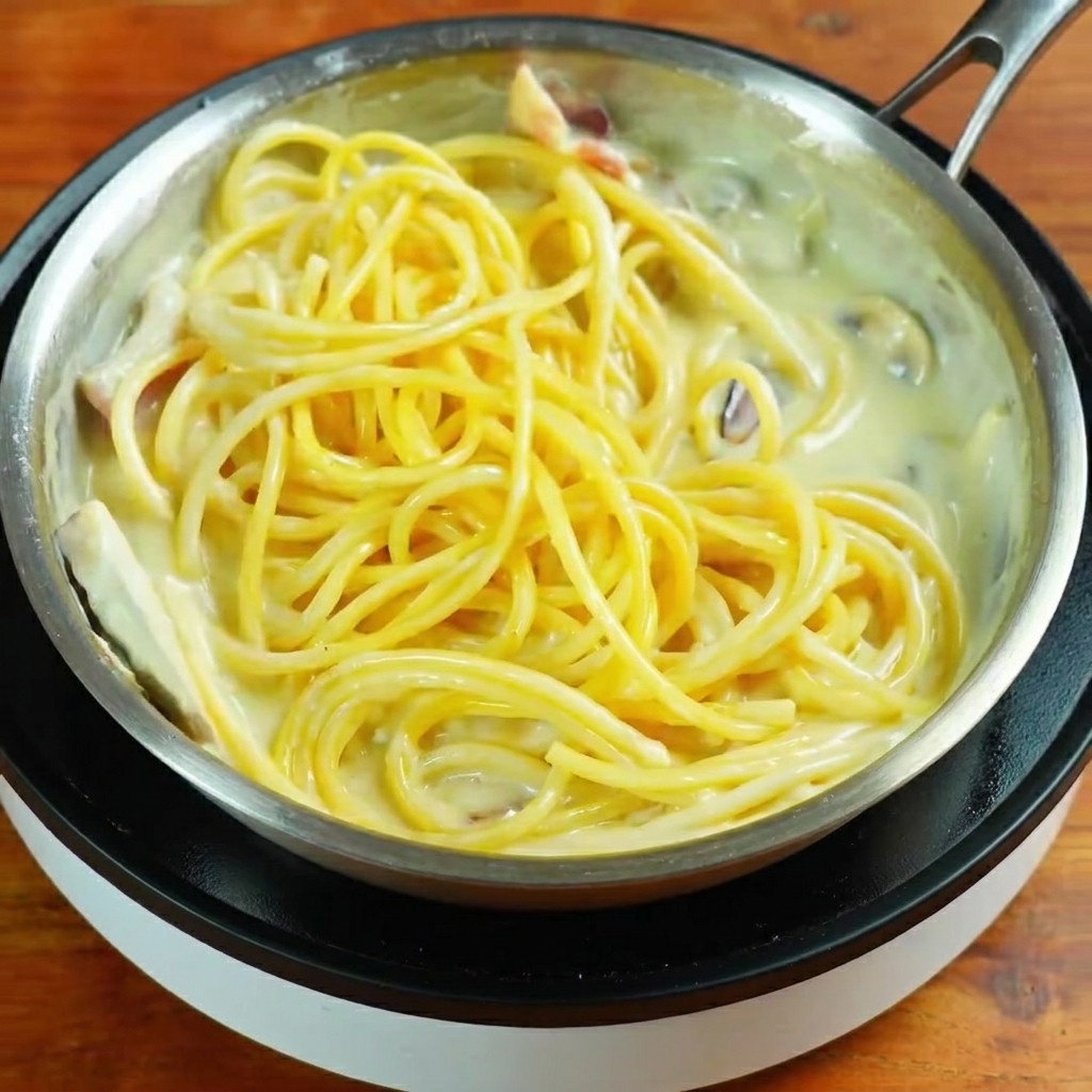 Spaghetti werden in einer Pfanne mit cremiger weißer Soße und Speckstückchen geschwenkt.