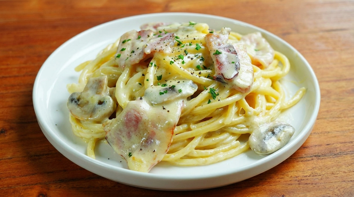 Cremige Spaghetti mit Speck und Pilzen