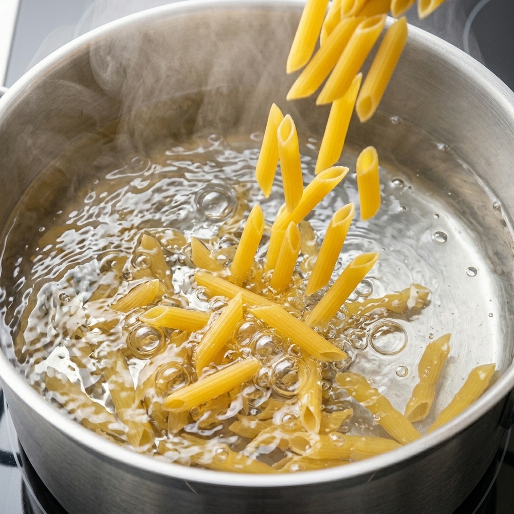 Trockene Penne-Pasta, die in einen Topf mit kochendem, dampfendem Wasser gegeben wird.