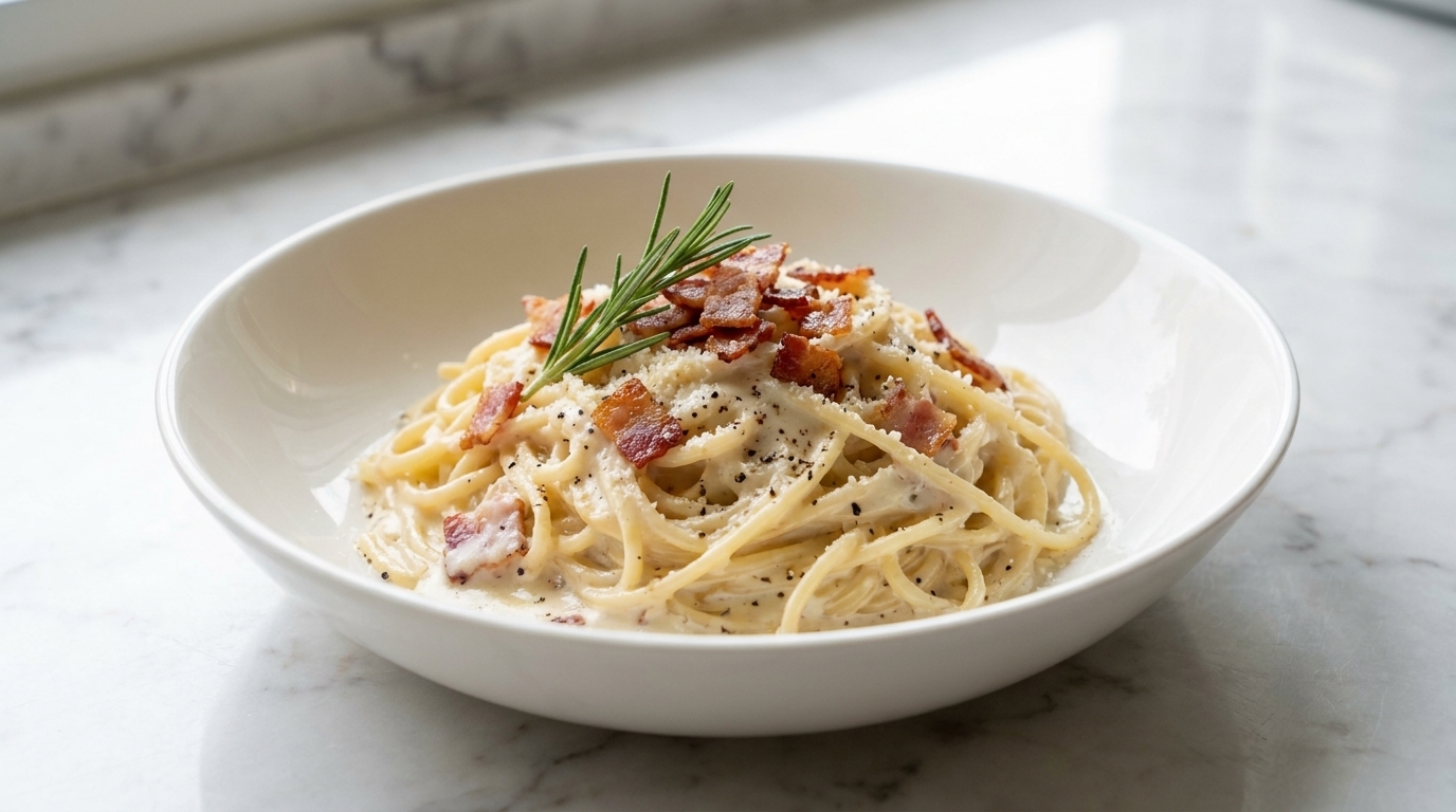 Sahne, die in die Pfanne mit Speck und Knoblauch gegossen wird.