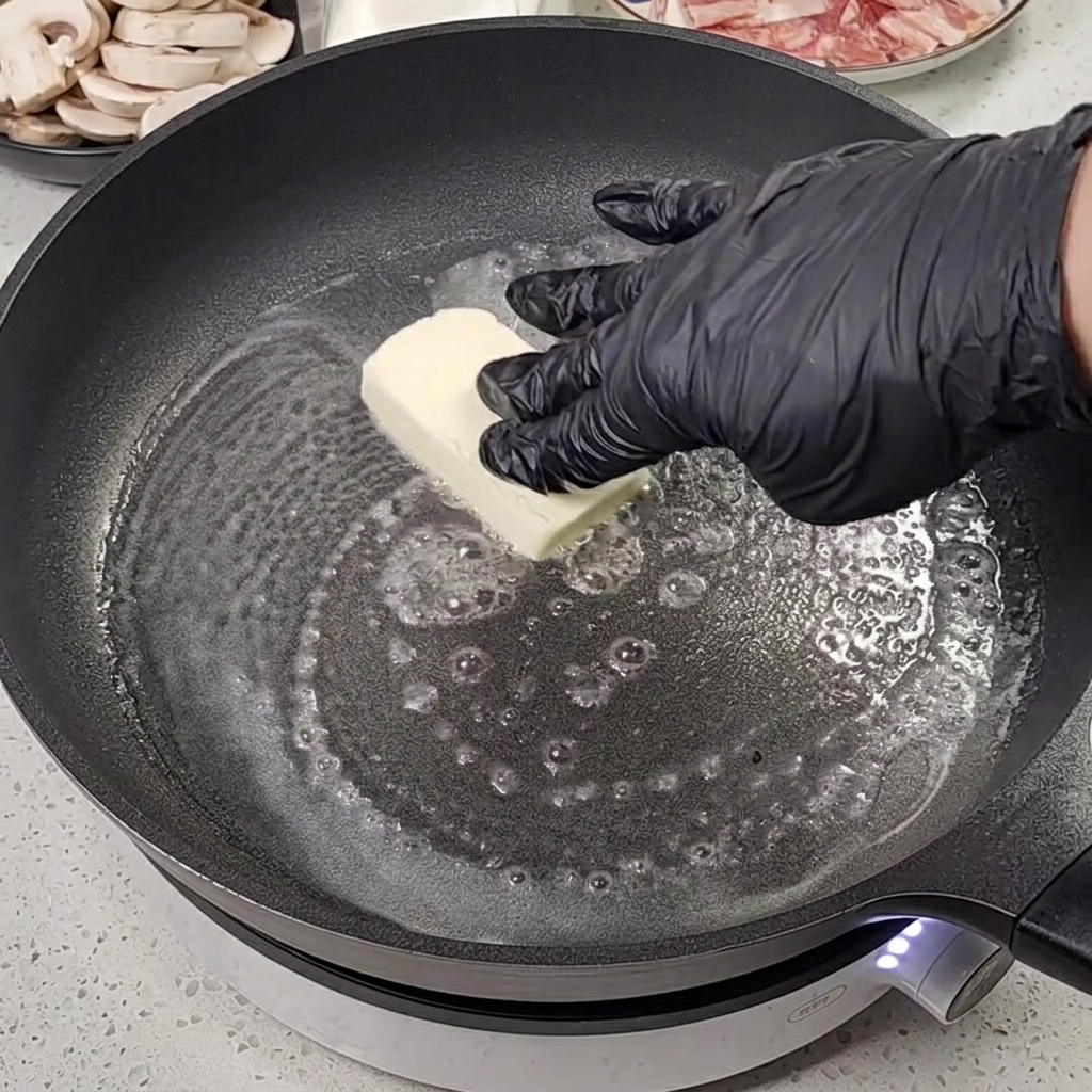 Butter schmilzt in einer heißen Pfanne.