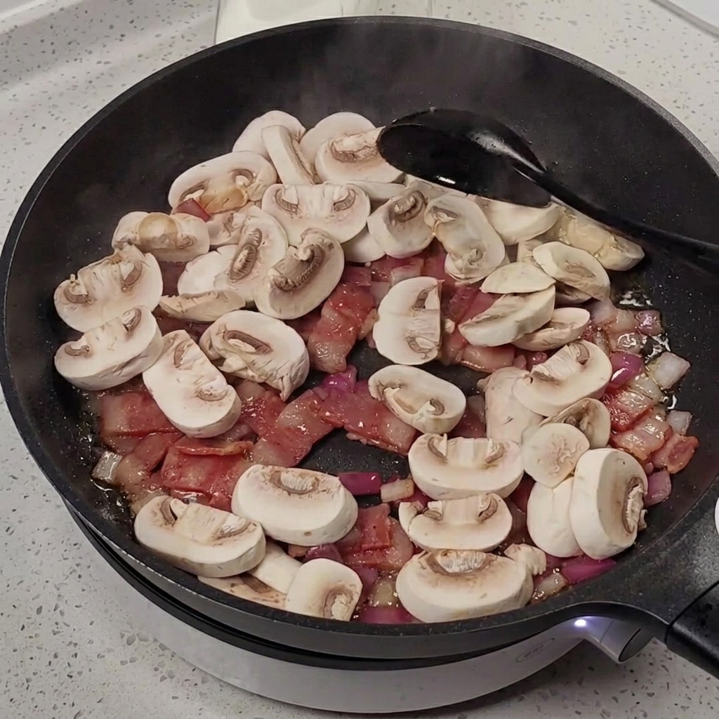 Geschnittene Champignons werden in die Pfanne zu Speck und Zwiebeln gegeben.
