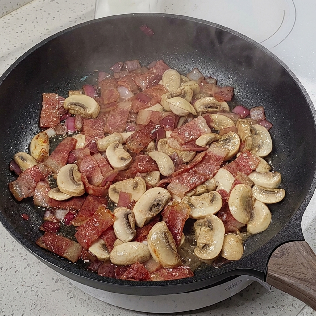 Die Pilz-Speck-Mischung wird mit Salz und Pfeffer gewürzt.