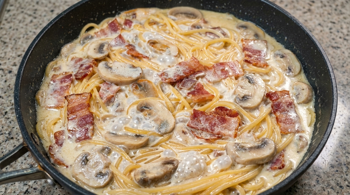Cremige Spaghetti mit Speck und Pilzen