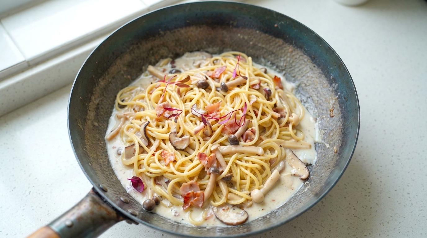 Cremige Capellini mit Speck und Champignons