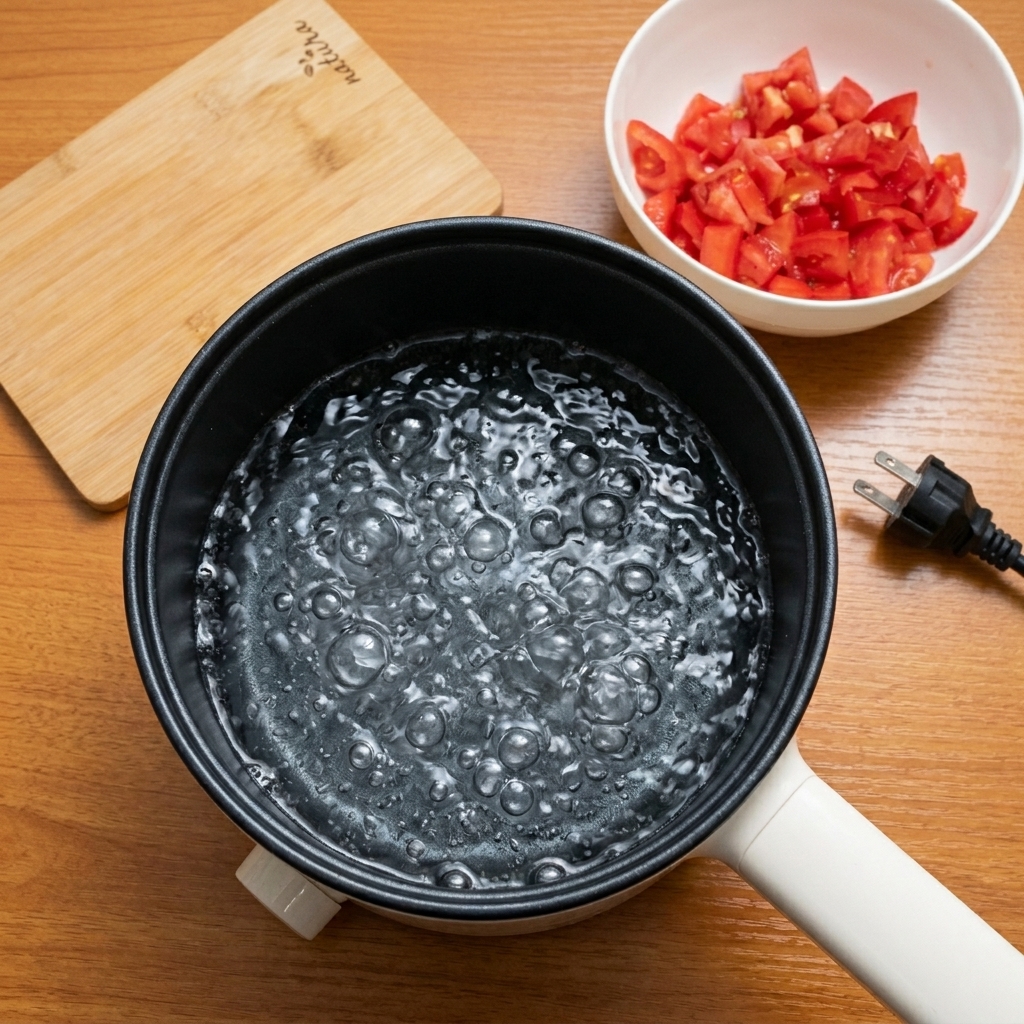 Salz wird in einen Topf mit sprudelndem Wasser gestreut.