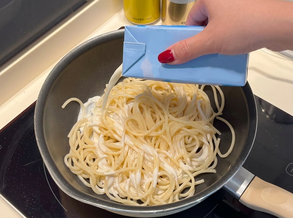Sahne oder Milch wird über die gekochten Spaghetti in einer Pfanne gegossen.