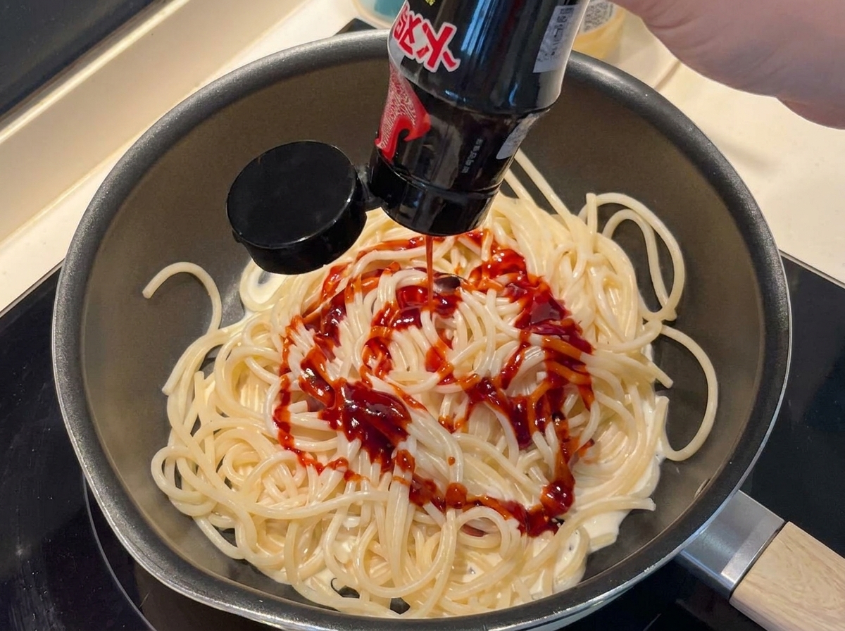 Dunkelrote scharfe Nudelsauce wird auf die Spaghetti gedrückt.