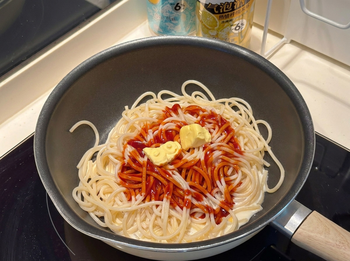 Ketchup und ein Stück Butter werden zur Pfanne mit Spaghetti gegeben.