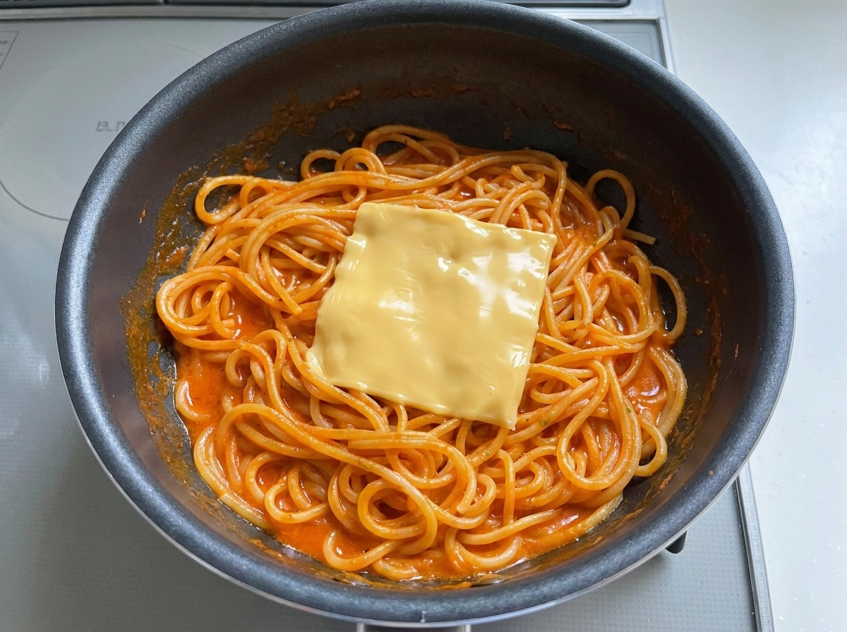 Eine Scheibe gelber Käse wird auf die Spaghetti in der Pfanne gelegt.
