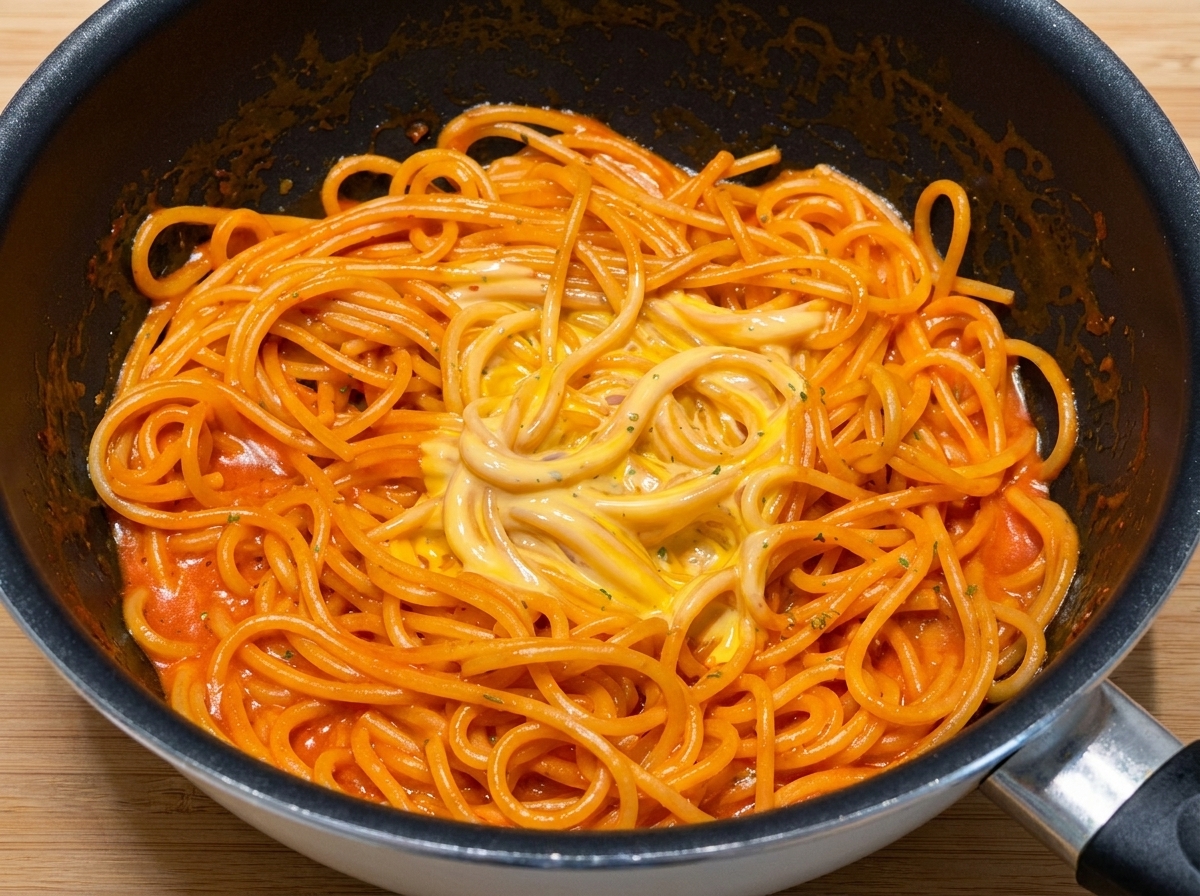 Getrocknete Petersilie wird über die scharfen Spaghetti in der Pfanne gestreut.