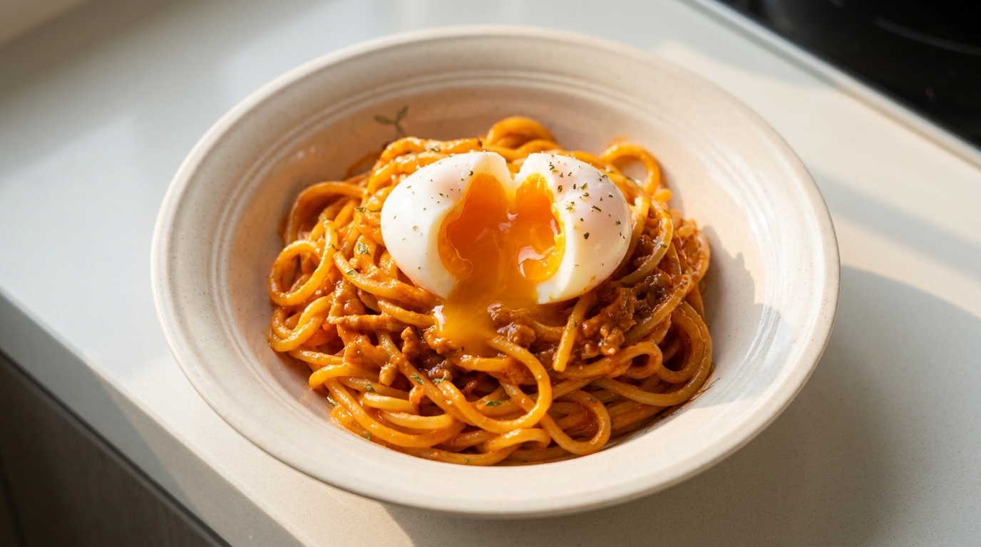 Eine Schüssel cremige Spaghetti mit scharfer Sauce, gekrönt von einem perfekt wachsweichen Ei und frischer Petersilie.